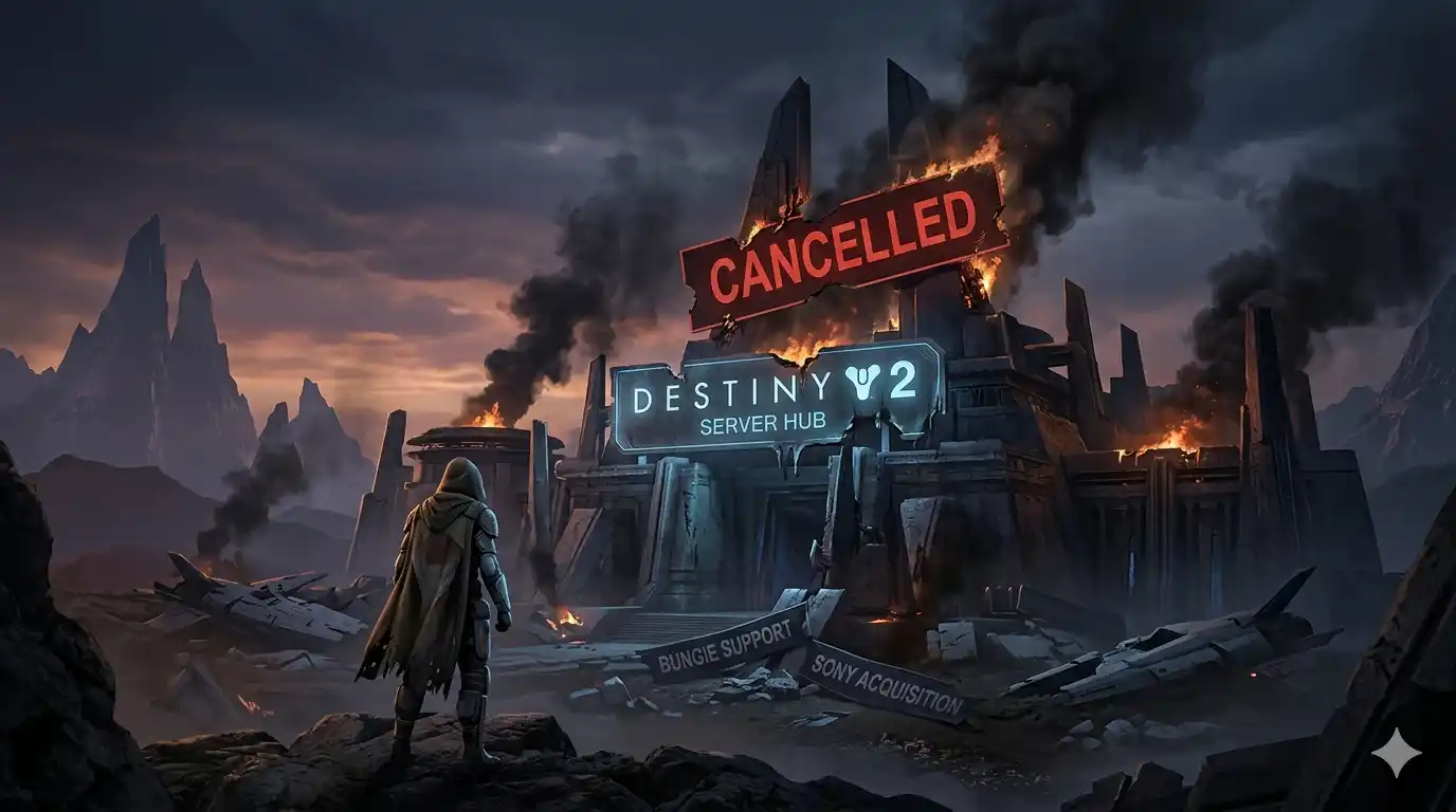 A lone Destiny 2 Guardian looking at a burning, destroyed sci-fi server hub building with a large red 'Cancelled' sign across the top, symbolizing the game's end.